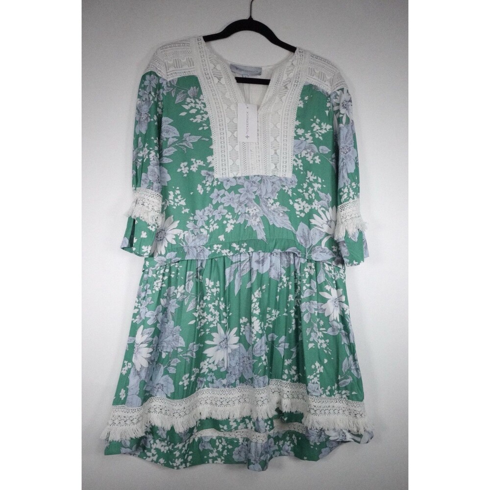 New Tuckernuck Pippa Fringe Green Blue Floral Eyelet Dress $188 Women's Small